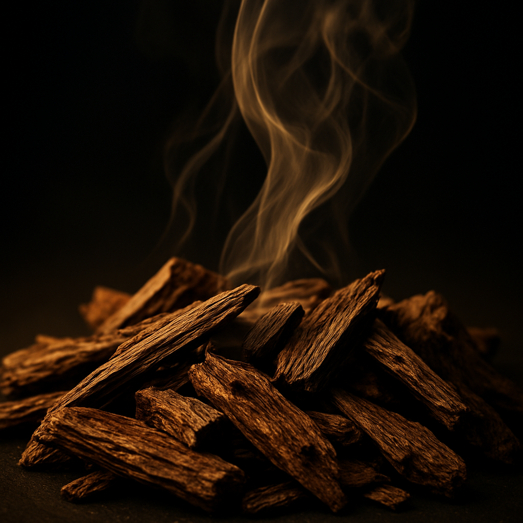 Lascas de madeira de oud com fumaça aromática sob luz dourada